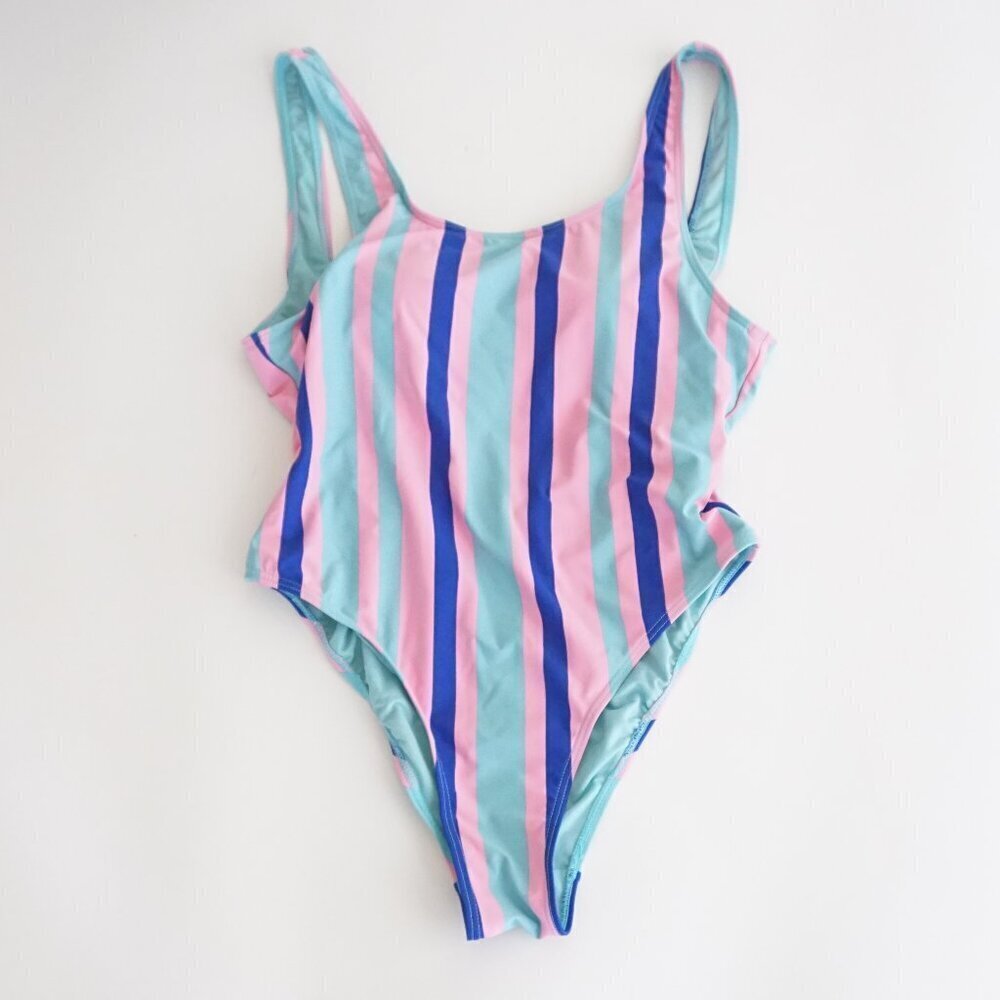 ENVYA Swimwear Pink Teal Stripe One Piece High-Leg Low Scoop Back Swimsuit M